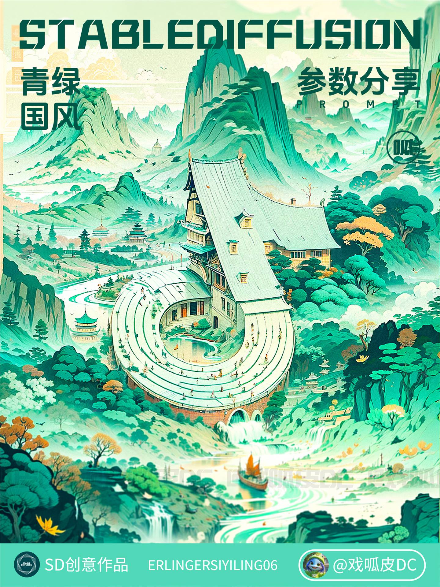 Stable Diffusion 参数灵感！6 组国风青绿风格超级符号